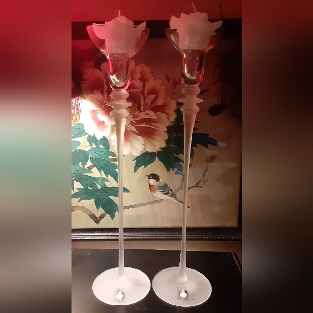 Modern SASAKI FROSTED & CLEAR CRYSTAL 14" CANDLE HOLDERS